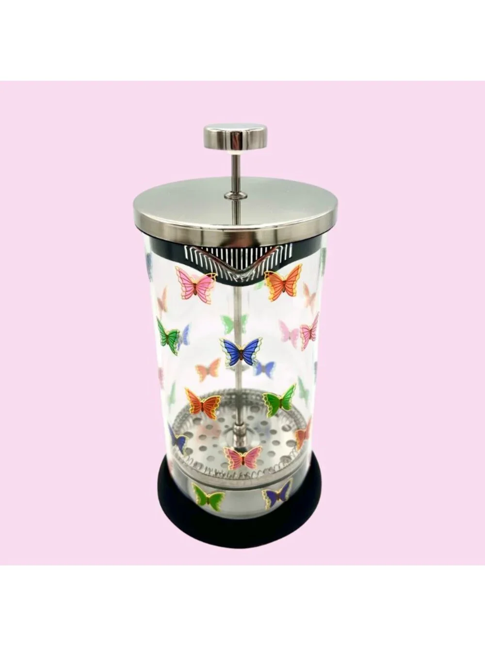 NWT COLORFUL BUTTERFLY GLASS FRENCH PRESS COFFEE MAKER STAINLESS LID/PLUNGER